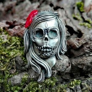 Matte Stainless Red Rose Sugar Skulls Day of the Dead Ring Szs 8 9 10 11 12 New!